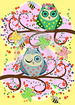 Bright, cartoonish, flirtatious, loving owls on the flowering branches of a tree. Spring, summer, girlfriends