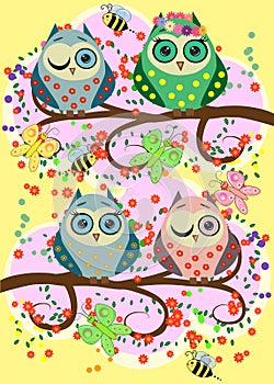 Bright, cartoonish, flirtatious, loving owls on the flowering branches of a tree. Spring, summer, girlfriends