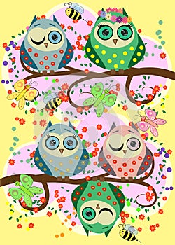 Bright, cartoonish, flirtatious, loving owls on the flowering branches of a tree. Spring, summer, girlfriends