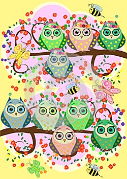 Bright, cartoonish, flirtatious, loving owls on the flowering branches of a tree. Spring, summer, girlfriends