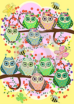 Bright, cartoonish, flirtatious, loving owls on the flowering branches of a tree. Spring, summer, girlfriends