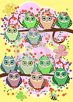 Bright, cartoonish, flirtatious, loving owls on the flowering branches of a tree. Spring, summer, girlfriends