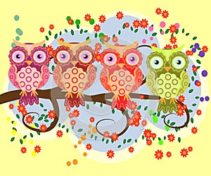 Bright, cartoonish, flirtatious, loving owls on the flowering branches of a tree. summer, girlfriends