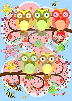 Bright, cartoonish, flirtatious, loving owls on the flowering branches of a tree. summer, girlfriends