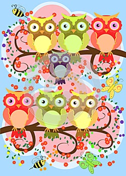 Bright, cartoonish, flirtatious, loving owls on the flowering branches of a tree. summer, girlfriends