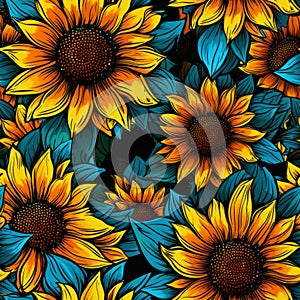 Bright Cartoonlike Sunflowers Seamless Pattern AI Generated