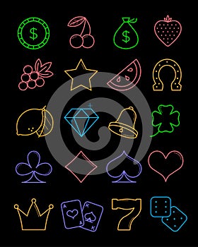 Bright casino line icons set. Vector slot-machine symbols.