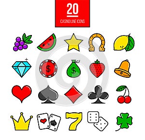 Bright casino line icons set. Vector slot-machine symbols.