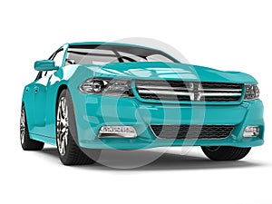Bright cerulean blue modern city sports car - front view closeup shot