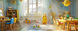 Bright and cheerful children\'s playroom filled with colorful toys, plush animals, and playful decor in a warm, inviting 3D