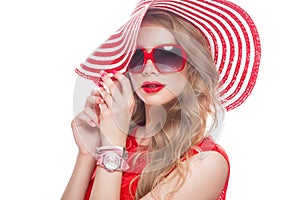 Bright cheerful girl in summer hat, colorful make-up, curls and pink manicure. Beauty face.