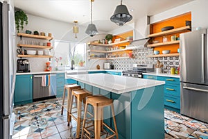 bright and cheery kitchen, with colorful accents and modern appliances
