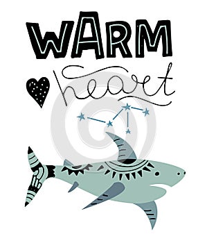 Bright children`s print in marine style. Vector illustration with shark in Scandinavian style