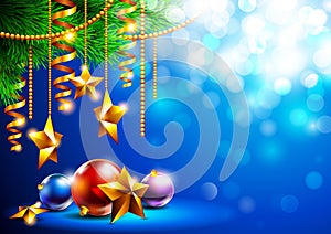 Bright Christmas background with Christmas tree and toys