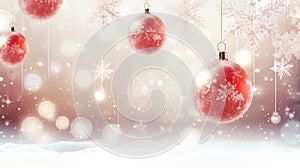 Bright Christmas background with red balloons and white snowflakes on pastel background with bokeh lights.