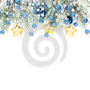 Bright Christmas composition with blue frozen berries, stars, golden garland and snowy Xmas tree branch isolated on white