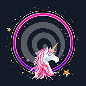 Bright circle frame with Unicorn and stars on dark background