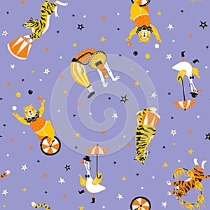 Bright circus endless design, acrobats, trained animals and stars. Vector seamless pattern.