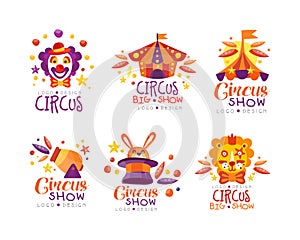 Bright Circus Logo Design with Clown, Tent, Cannon, Lion and Hare in Top Hat Vector Set