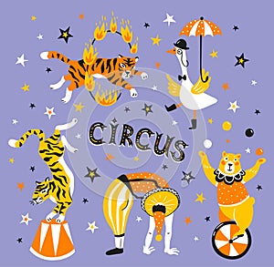 Bright circus poster design with acrobats, trained animals and text - `circus`. Vector illustration.