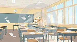 Bright Classroom with Desks and Windows Filled with Natural Light