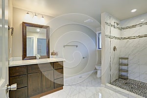 Bright clean bathroom interior with espresso vanity cabinet