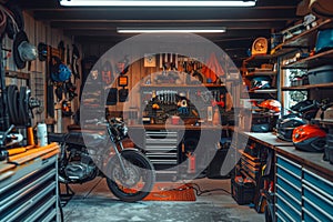 Bright and clean interior of garage workshop for DIY works and repairs. Workbenches, tools and technical equipment