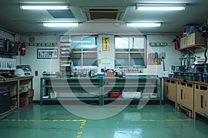 Bright and clean interior of garage workshop for DIY works and repairs. Workbenches, tools and technical equipment