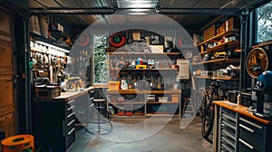 Bright and clean interior of garage workshop for DIY works and repairs. Workbenches, tools and technical equipment