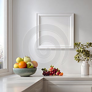 Modern Kitchen Counter with Fresh Fruit Bowl and Blank Picture Frame Mockup