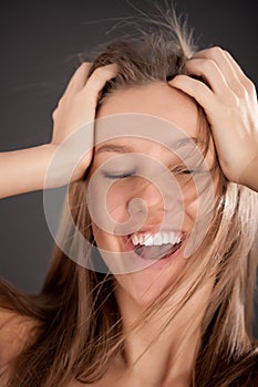 Bright closeup portrait of happy girl face