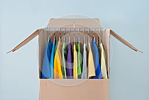 Bright clothing in a wardrobe box for easy moving