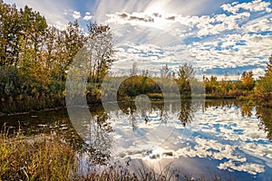 Panoramic Reflections In A Fall Park Lake