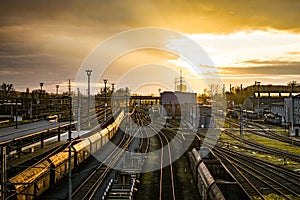 Bright cloudy sunset over old train station Ostrava railroad