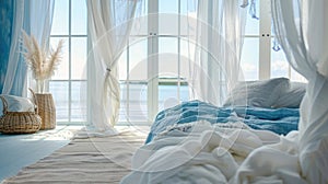 Bright coastal bedroom with a white and blue palette, sheer curtains dancing in the breeze, and ocean views through vast