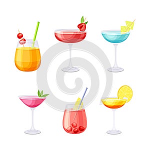 Bright Cocktail in Glass with Straw, Citrus and Berry as Alcoholic Refreshing Drink Vector Set