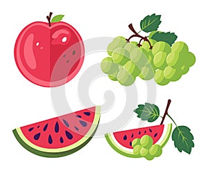 Bright collection of summer fruits. Apple, grapes, watermelon slices in cartoon style. Fresh juicy fruits vector