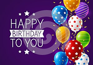 Bright color balloons with ornate and confetti on purple background - birthday greeting card design