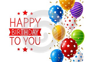 Bright color balloons with ornate and confetti on white background - birthday greeting card design