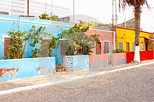 Bright color houses street fishing village, Palmeira, Cape Verde Islands