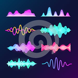 Bright color sound voice waves isolated on dark background. Abstract waveform, music pulse and equalizer wave vector set