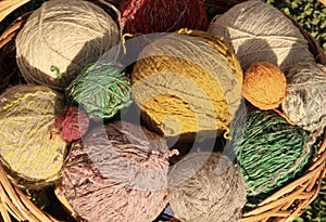 Bright, colored, beautiful balls of yarn for knitting spokes.  Woolen threads.