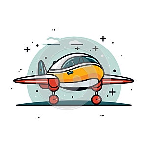 Bright colored cartoon airplane grounded under sky clouds. Small aircraft comic style illustration