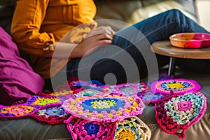 bright colored crochet work on an armrest table beside a relaxing crafter