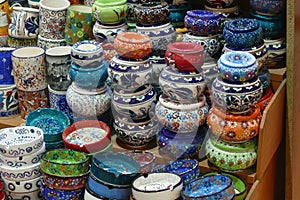 Bright colored enamel bowls in  Grand Bazaar