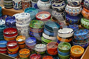 Bright colored enamel bowls in  Grand Bazaar