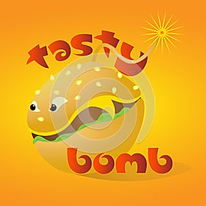 Bright colored hamburger art logo tasty bomb