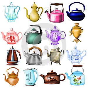 Bright colored kettles and teapots