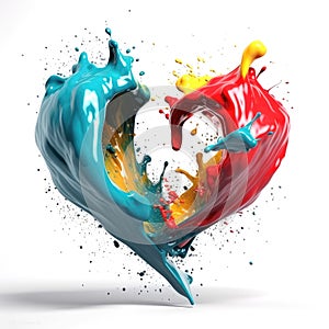 Bright colored paint splashes in the shape of a heart on a white background created with Generative AI