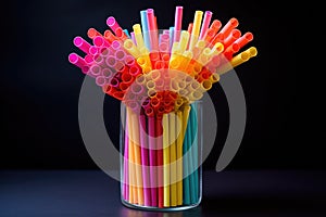 Bright colored plastic drinking straws in a glass vase on black background,